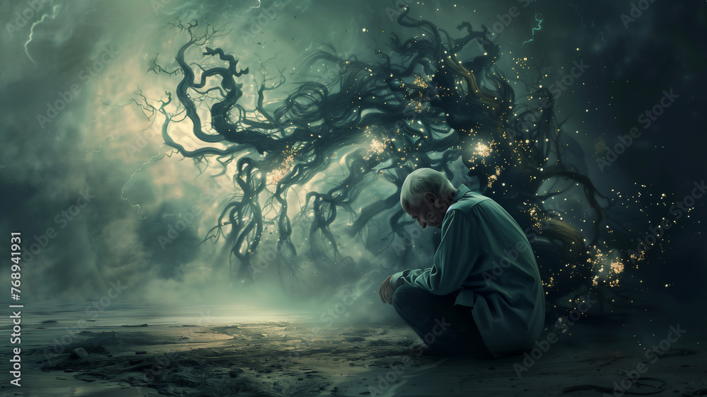 Surreal depressed elder man suffered from mental illness,bipolar disorder,stressed,anxiety,mental illness concept.. Surreal depressed elder man suffered from mental illness,bipolar disorder,stressed,anxiety,mental illness concept..