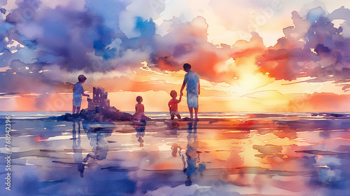 Watercolor Family Building Sandcastle at Sunset © Noppakun