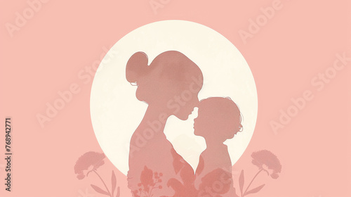 Minimalist illustration of a mother and child silhouette on a soft blush pink background, love and Mother's Day concept.
