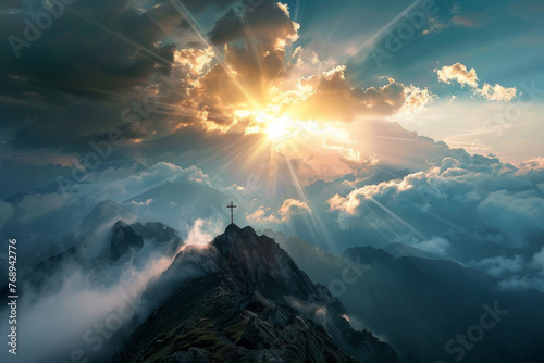 A panoramic view of a mountain peak with a cross, and rays of sunlight breaking through the clouds, the triumph of faith and the promise of redemption.