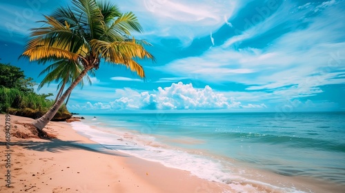 photo summer day on the beach with palm trees and blue sky.