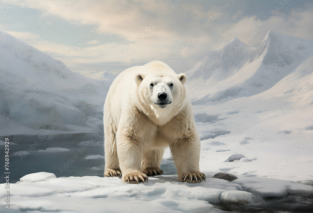 A polar bear in a snowy mountain environment A polar bear in a snowy mountain environment