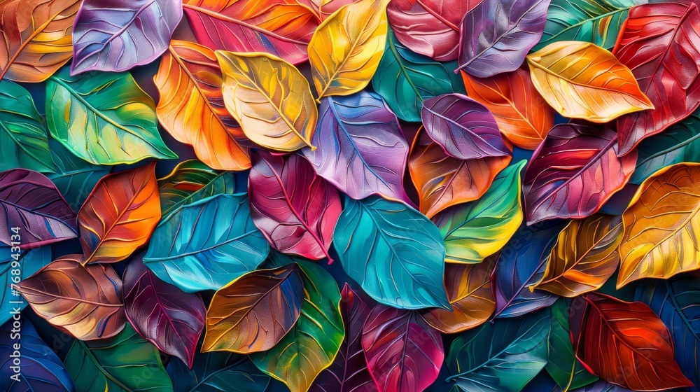 Abstract autumn leaves painting texture on canvas wallpaper with vibrant orange and green hues