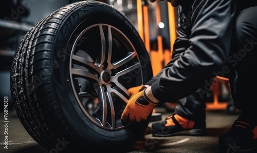 A car mechanic changes winter tire on a car wheel