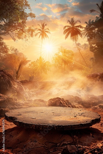 Fototapeta Naklejka Na Ścianę i Meble -  Sleek podium mockup in nature setting for striking visual presentation with jungle themed background