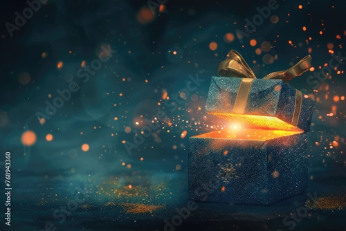 A mysterious gift box with a glowing light escaping from the slightly open lid sparking curiosity and excitement photo