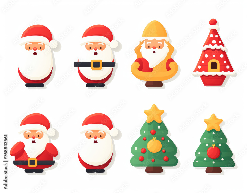 Santa Claus character set. Christmas icon set. Isolated on white background. Christmas ornament. Santa hat, tree, gift box, persent, house, cookies, reindeer and costume. Outline, thin line and flat.