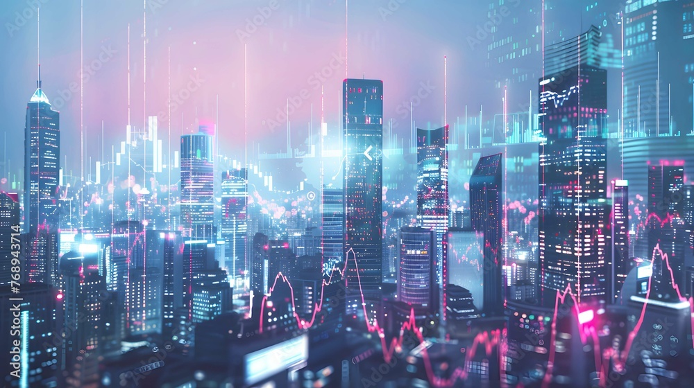 A futuristic city skyline with digital screens displaying real-time