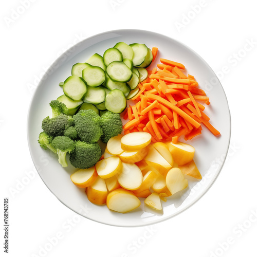 Sliced and prepared vegetables on a white plate