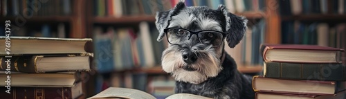 A schnauzer as a librarian wearing spectacles and sitting next to a stack of miniature books