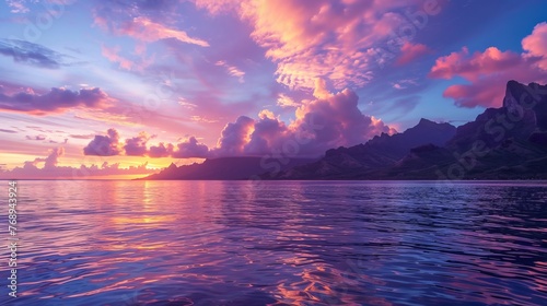 Vibrant sunset sky over south pacific ocean with lagoon landscape in moorea - luxury travel destination scene