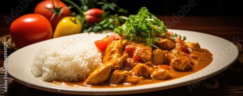 Delicious chicken curry with rice served on a plate and ready to eat. Healthy eating concept