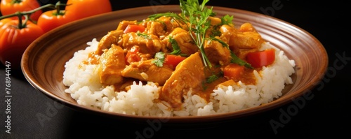 Delicious chicken curry with rice served on a plate and ready to eat. Healthy eating concept
