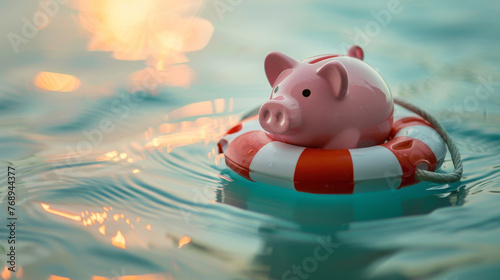 A piggy bank relying on a lifebuoy to stay afloat in water, financial stability and insurance concept