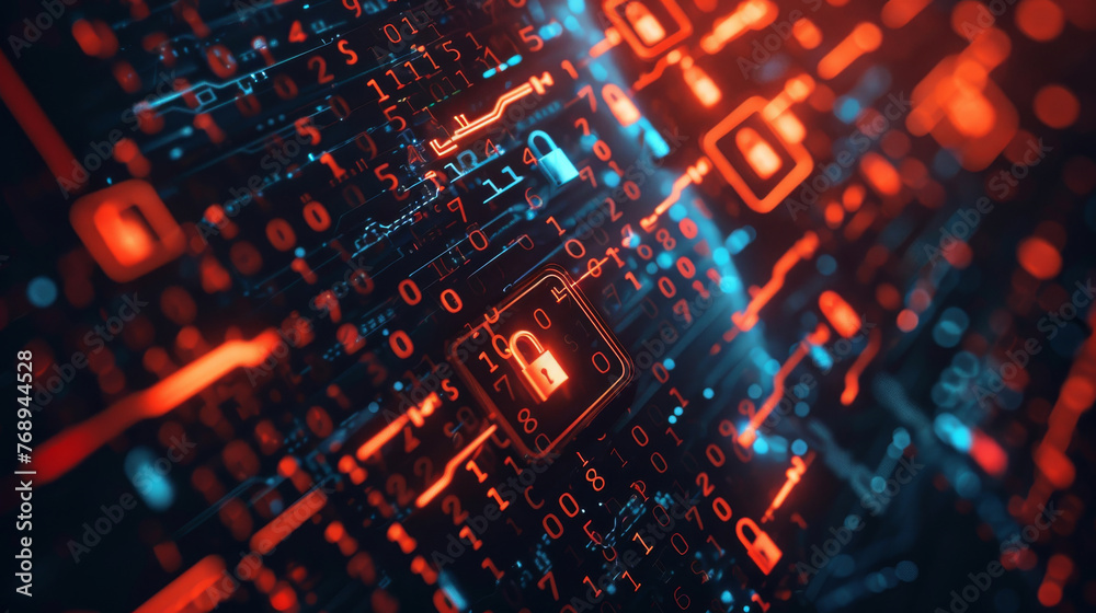 Digital lock icons on binary tech element background, cybersecurity concept. Digital lock icons on binary tech element background, cybersecurity concept.