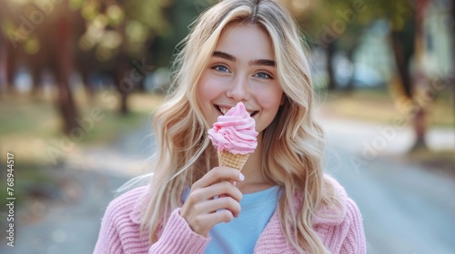 Cheerful woman savoring ice cream in urban park with blurred background  ideal for text placement
