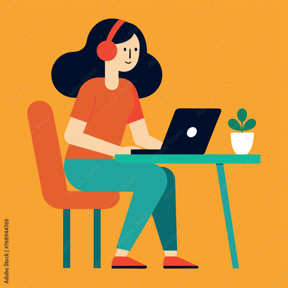 Young woman at home office concept flat vector illustration