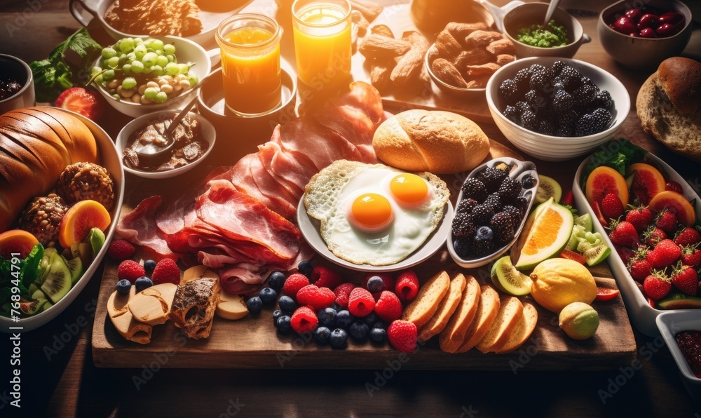 Top view bright photo of Large selection of breakfast food on a table, sun light from side. Healthy breakfast concept Top view bright photo of Large selection of breakfast food on a table, sun light from side. Healthy breakfast concept