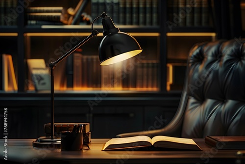 A sophisticated home study illuminated by a classic desk lamp, featuring a large open book and a luxurious leather armchair.