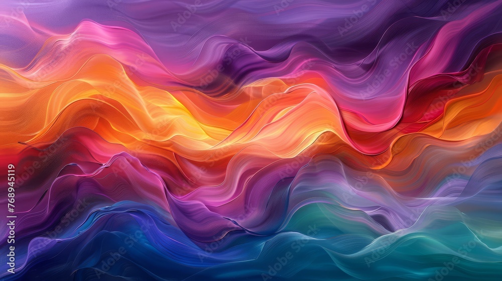 An oil painting of rhythmic waves with a vibrant gradient from deep blues to warm oranges.. - obrazy, fototapety, plakaty 