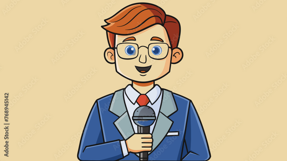 Smiling Cartoon Reporter Presenting News on Beige Background