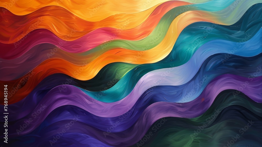 Impressionist-style painting featuring waves of sunset spectrum colors flowing in harmony..