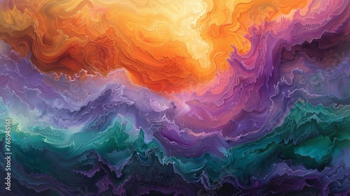 Abstract art depicting a cosmic dance with a spectrum of warm and cool hues in fluid harmony..