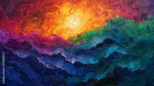 An impasto technique oil painting capturing the radiance of sunset over tumultuous ocean waves..