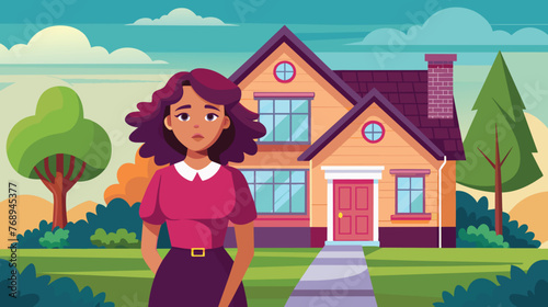 Young Woman Standing in Front of Cozy Suburban Home at Dusk