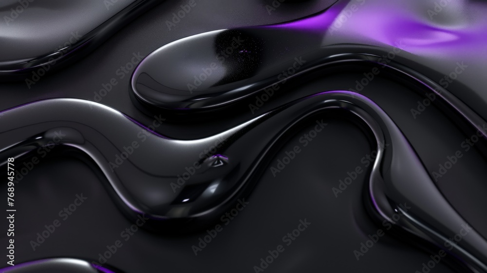 Glossy black waves with purple highlights abstract background. Elegant dark fluid shapes with violet reflections. Smooth and glossy abstract design with purple accents. Glossy black waves with purple highlights abstract background. Elegant dark fluid shapes with violet reflections. Smooth and glossy abstract design with purple accents.
