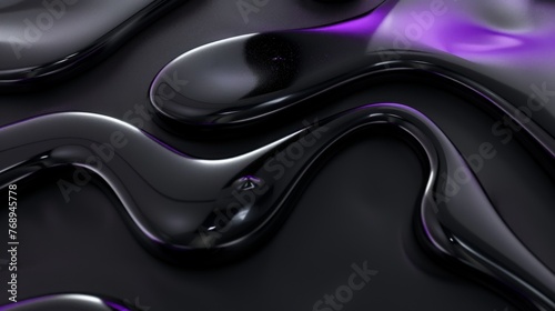 Glossy black waves with purple highlights abstract background. Elegant dark fluid shapes with violet reflections. Smooth and glossy abstract design with purple accents.