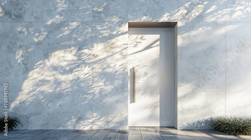 Modern building entrance with shadow patterns on concrete wall. Minimalist design of building facade with natural elements interaction.