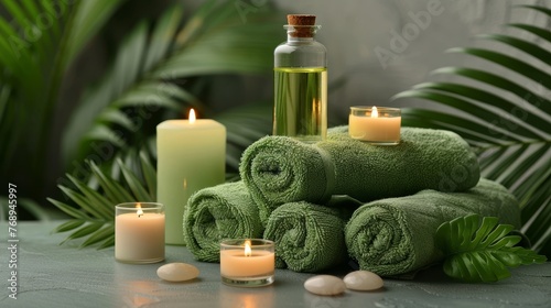 Tranquil spa ambiance with aromatic essential oils displayed on a peaceful grey table