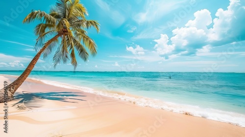 Sunny tropical paradise  white sand beach  coconut palms  and turquoise sea - summer vacation bliss