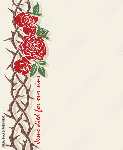 banner of thorn crown with roses on beige background