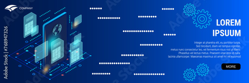 Digital technology banner vector design template. Mobile phone SIM cards flat isometric concept