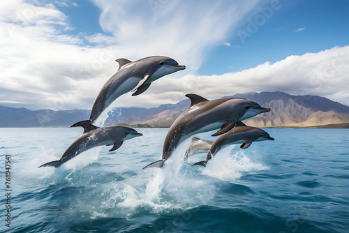 group of dolphins leaping joyfully above ocean waves in the clear blue sky © Breyenaiimages