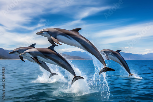 group of dolphins leaping joyfully above ocean waves in the clear blue sky