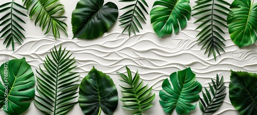 Fototapeta Naklejka Na Ścianę i Meble -  3d white and green geometric floral tiles wall with tropical leaves texture background
