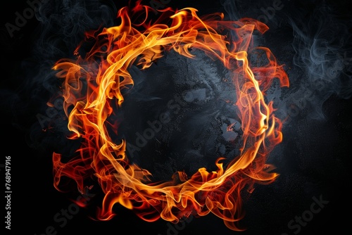 Circular frame created with blazing flames in circular shape against a dark background