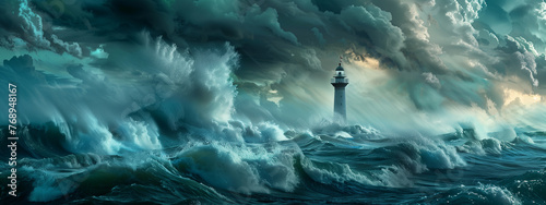 Dramatic stormy sea with lighthouse standing firm