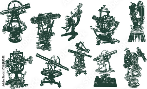 Old Theodolite , vintage engraved illustration. Theodolite isolated on white. Theodolite a measuring instrument