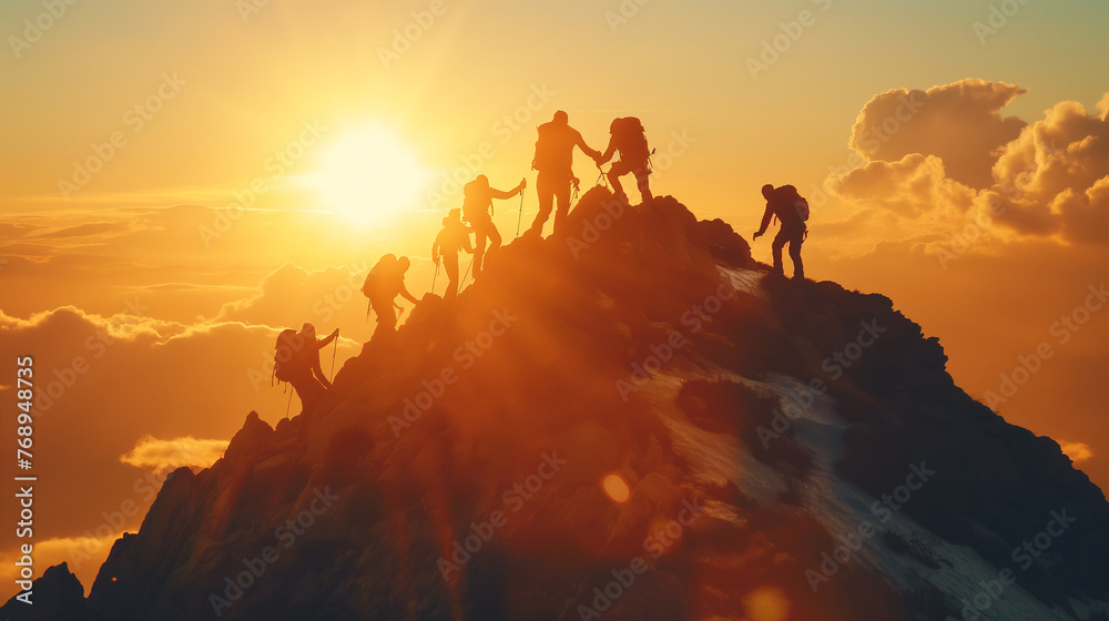 People helping each other reach the mountain top. People helping each other reach the mountain top.