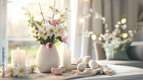 Easter still life with flowers, candles and eggs on a whitewashed table