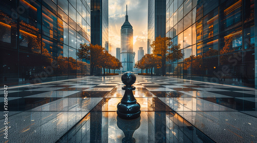 Chess pawn standing on a reflective surface with skyscrapers and warm sunrise in the background photo