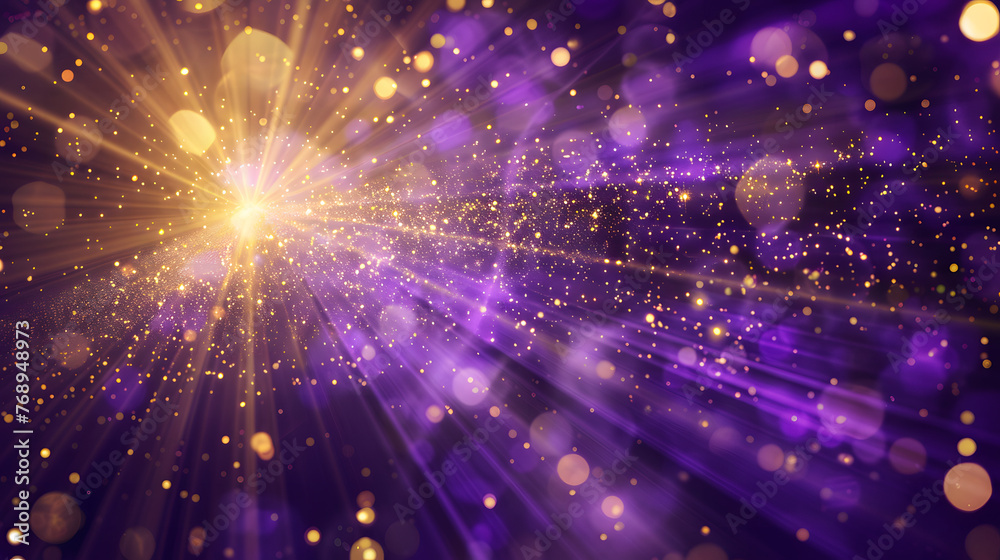 Fototapeta premium A mesmerizing display of radiant gold and purple light bursting with sparkling particles and gleaming bokeh effects