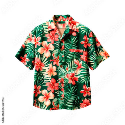 Green Hawaiian shirt with red flowers. Isolated on transparent background.