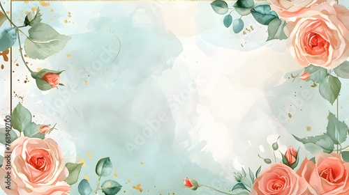 Graceful watercolor rose garden border with aquamarine shades and golden accents