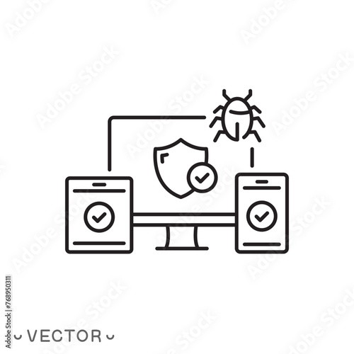 malware protection icon, protection against ddos ​​attacks on computers and mobile phones, thin line symbol isolated on white background, editable stroke eps 10 vector illustration