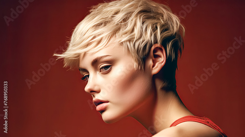 A woman with short blonde hair and a red tank top